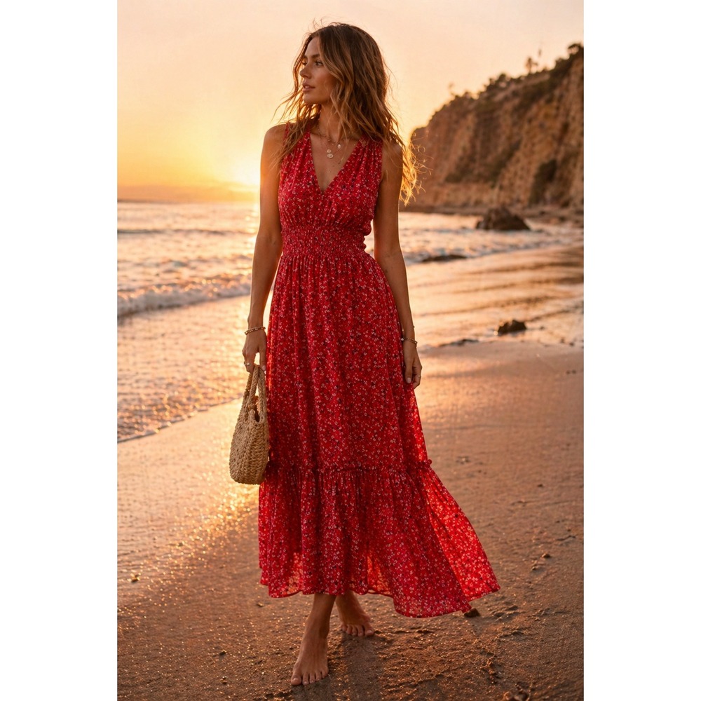 Eywasouls Malibu Maria Red Floral Tiered Maxi Dress Size XS/S